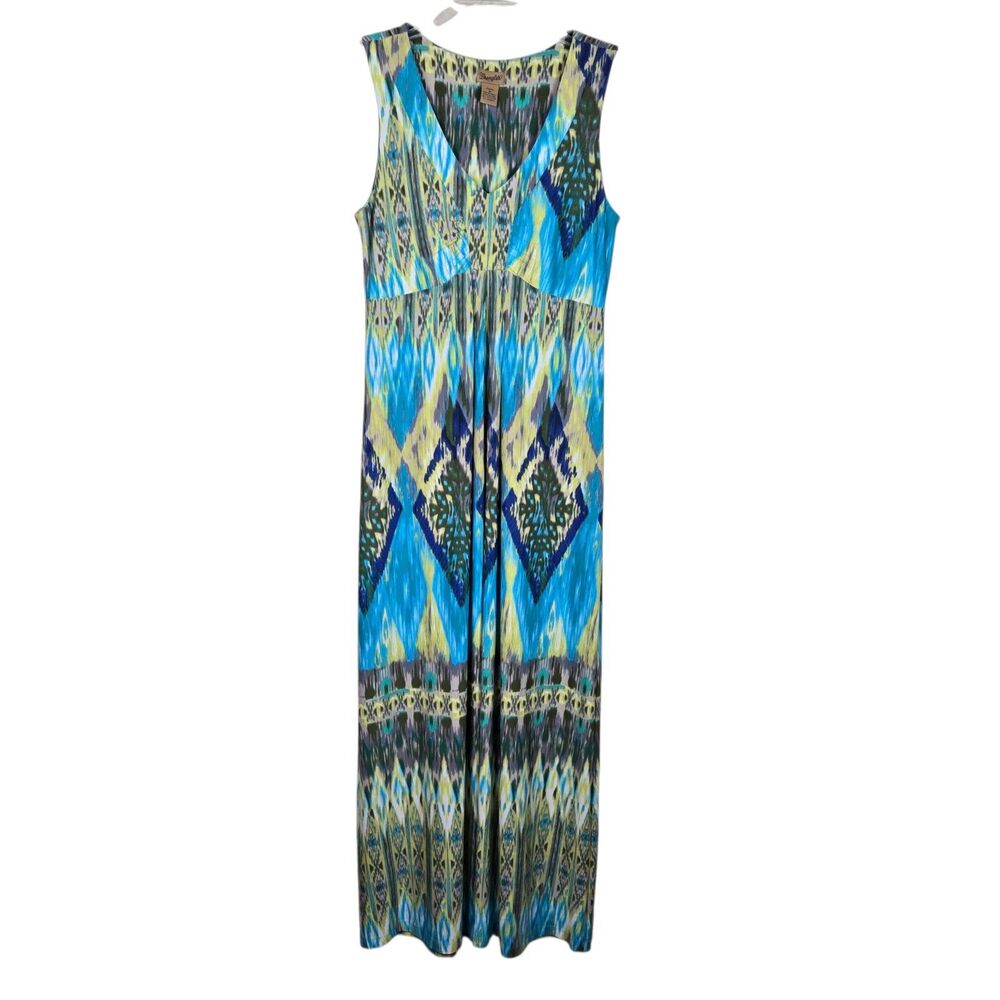 Wrangler Maxi Dress M Green Blue Geometric V Neck Sleeveless Western Resort